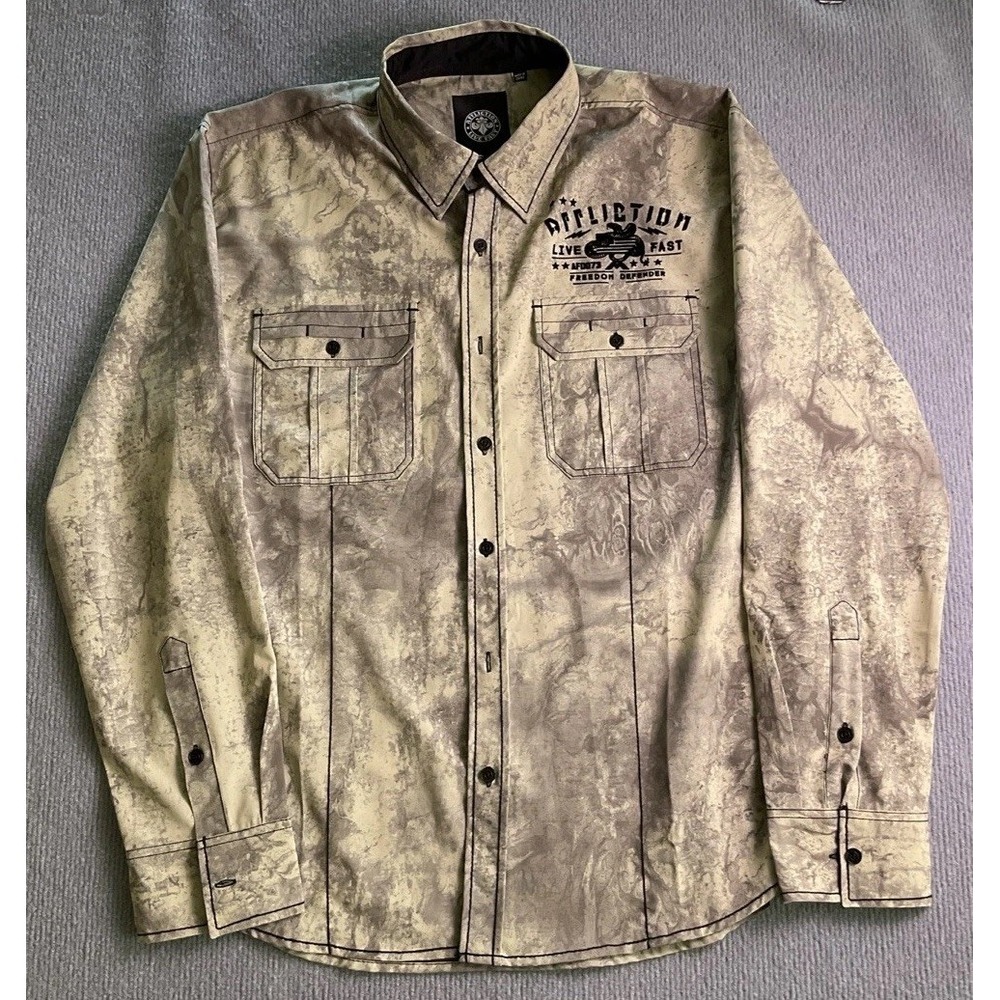 Affliction Scorn long-sleeve button-up shirt in a khaki distressed wash Graphic